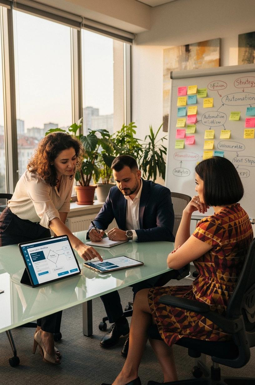 Ilustrație care arată un specialist în automatizare explicând diagrame și fluxuri de lucru pentru simplificarea proceselor de afaceri și personale.