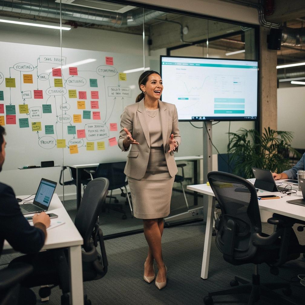 Echipă colaborând la birou pentru implementarea soluțiilor tehnologice automate